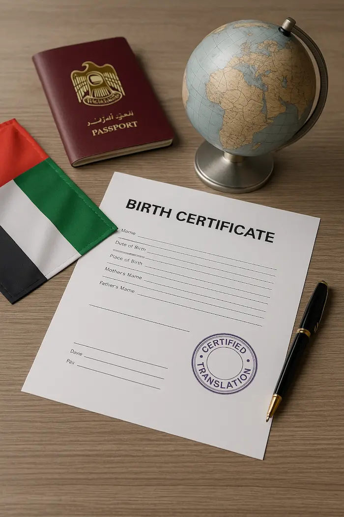 Fast birth certificate translation Dubai with professional translator quickly reviewing official document in office setting