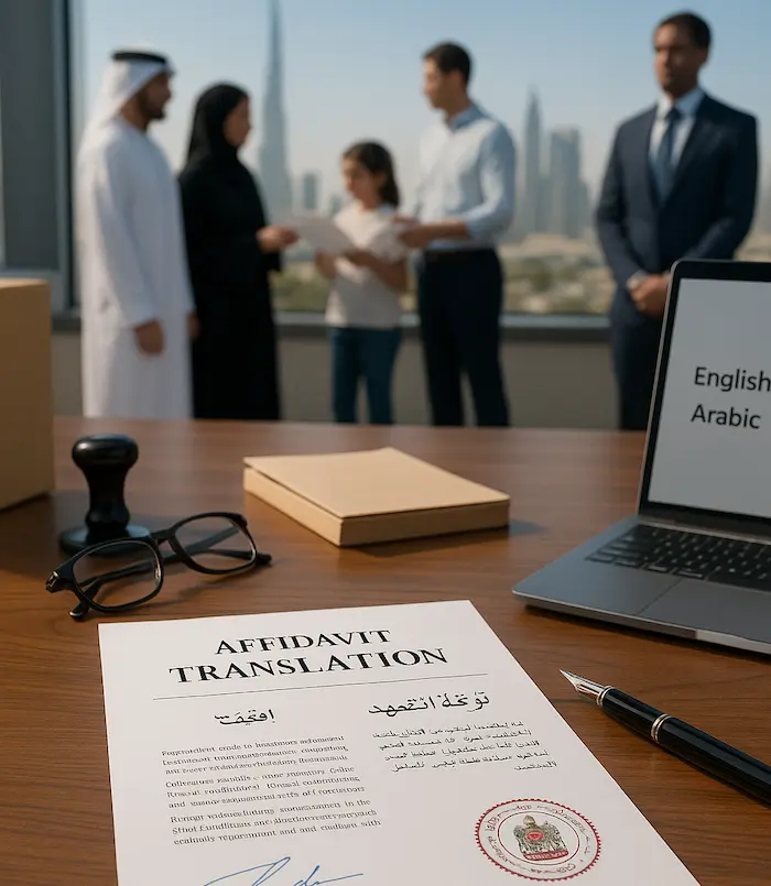 Government approved translation in Dubai with certified translator handling official legal documents in office setting