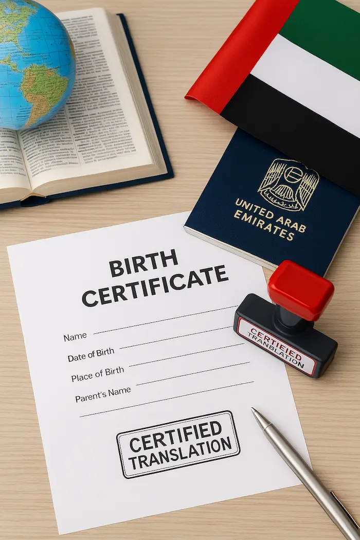 Official birth certificate translation services Dubai with professional translator reviewing legal document in office environment