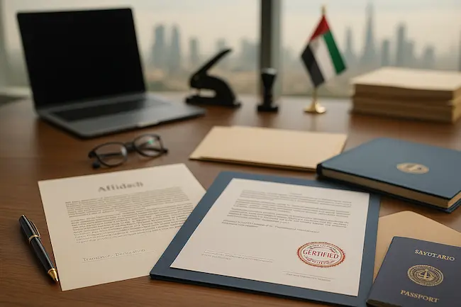 Professional translation services UAE with expert translator handling official documents in modern office setting