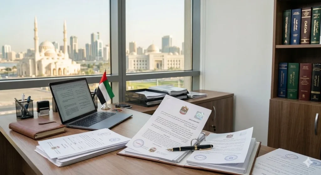 Legal translation documents and UAE flag on a desk in Sharjah.