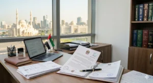 Legal translation documents and UAE flag on a desk in Sharjah.