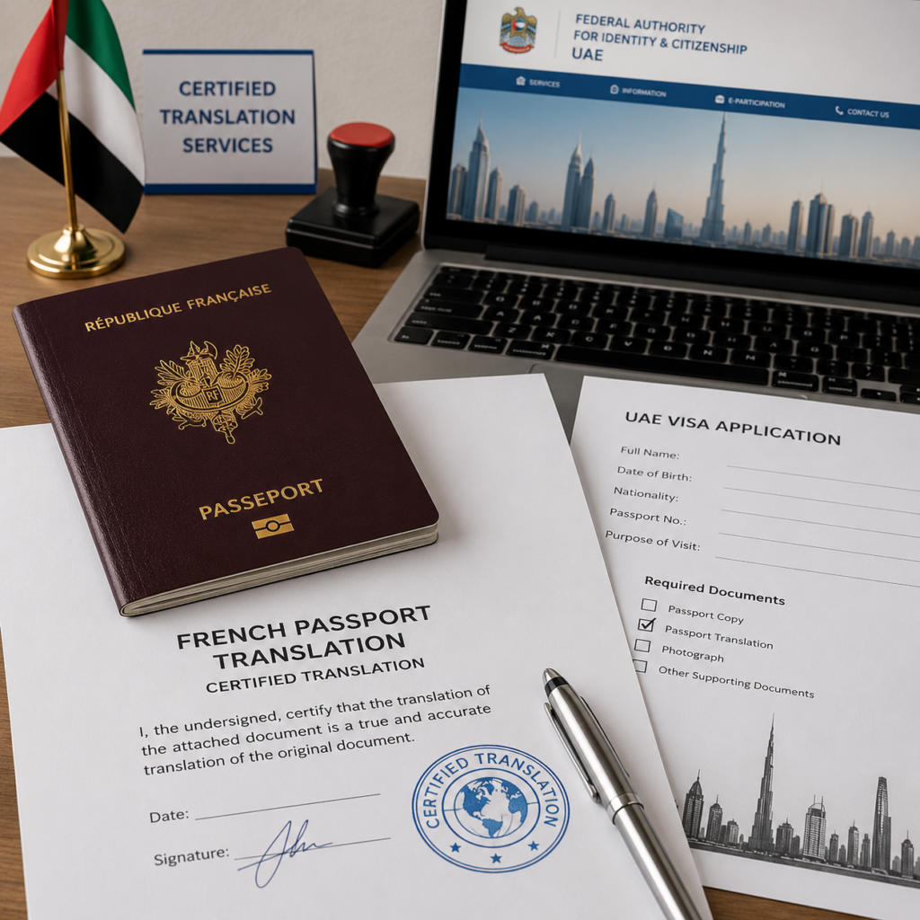 French passport and UAE visa documents prepared for translation